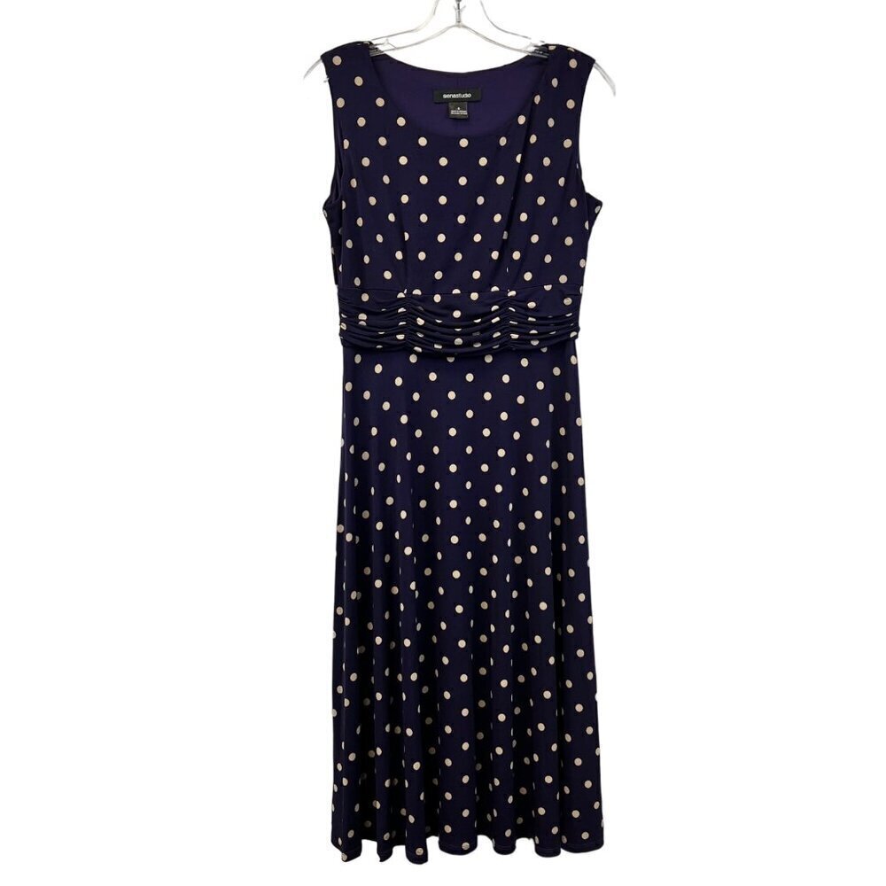 Siena Studio Sleeveless A-Line Purple/Beige Polka Dot Midi Dress Size Small